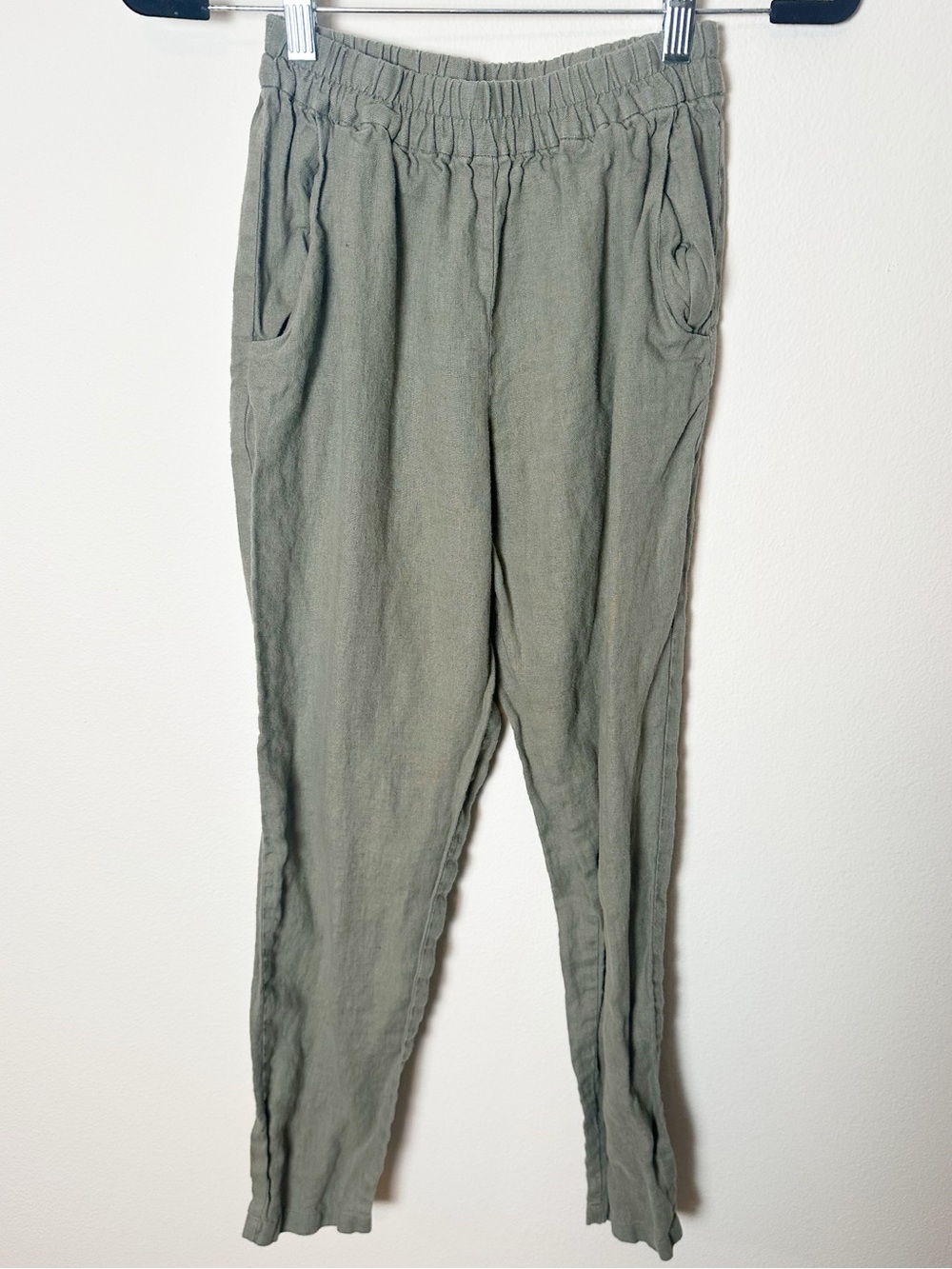Love and Confuse 100% Linen Pants Elastic Waist Olive Green Extra Small